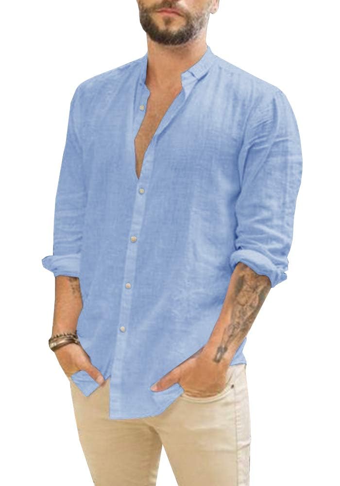 Makkrom Men Linen Shirt Button Down Long Sleeve Cotton Beach Band Collar Casual Summer Shirts - Image 1